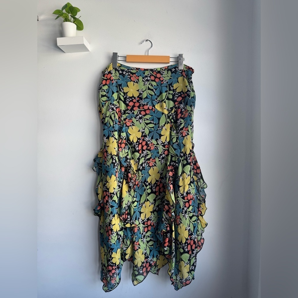 Vintage Asymmetrical Floral Skirt in Blue, Black, Green and Yellow
